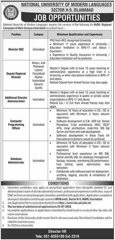 NUML Jobs 2026 – Islamabad and Regional Campus Posts