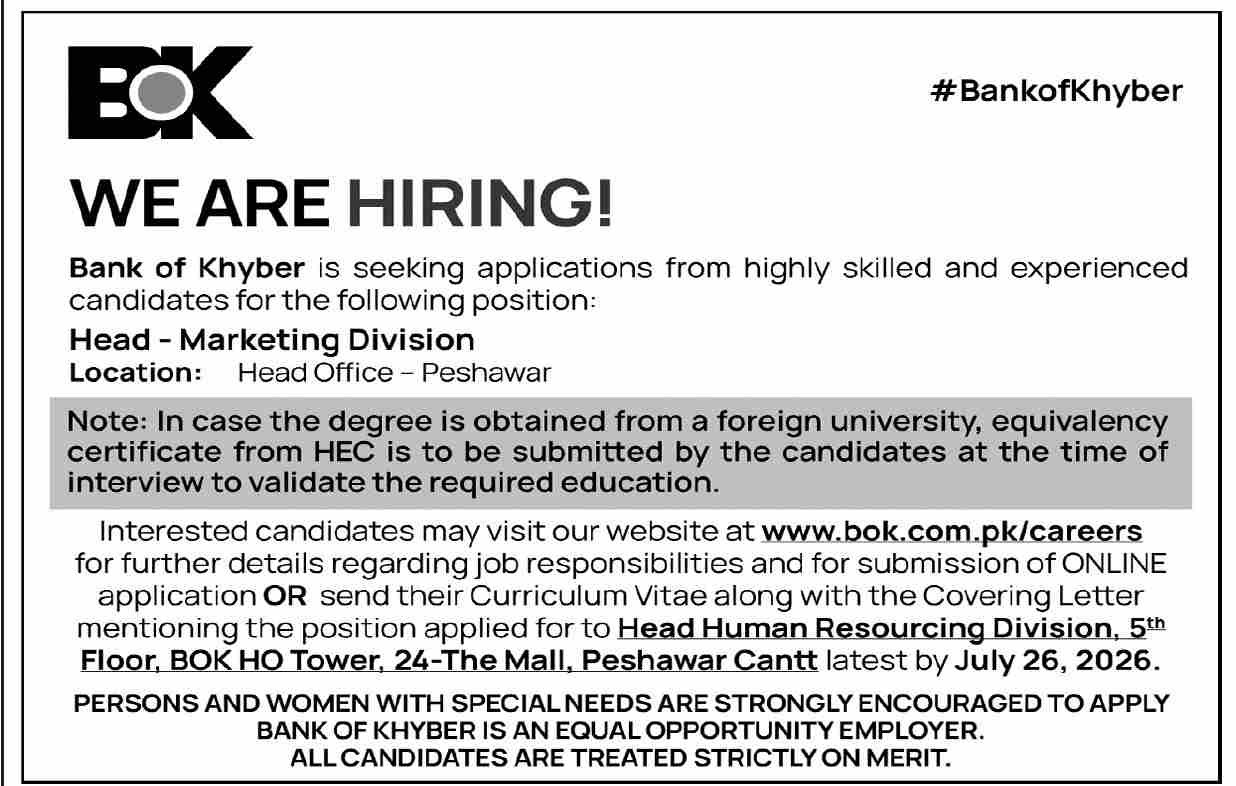 Bank of Khyber Jobs 2026 – Head - Marketing Division in Peshawar