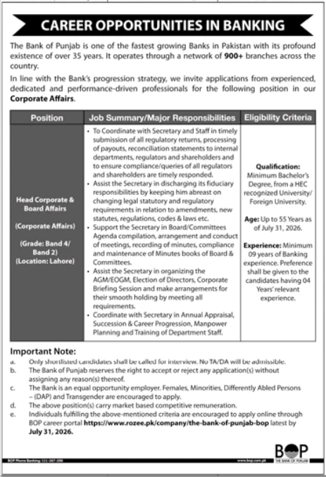 Bank of Punjab Jobs 2026 – Head Corporate & Board Affairs