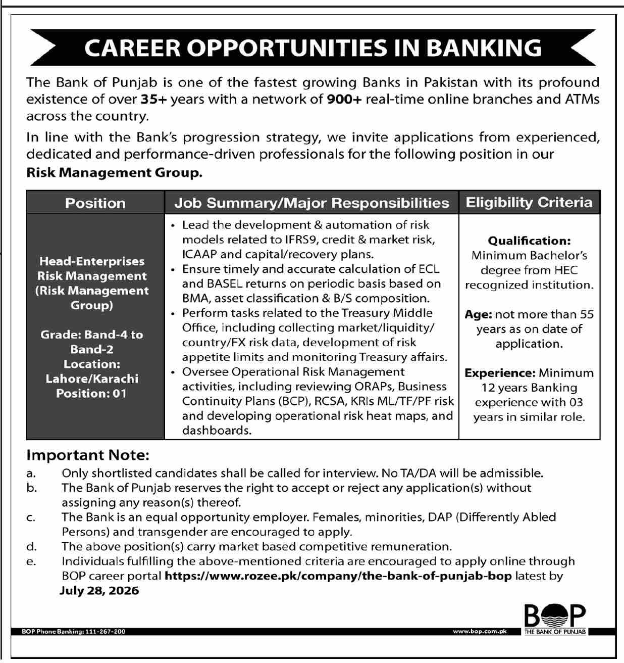 Bank of Punjab Jobs 2026 – Head-Enterprises Risk Management