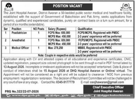Joint Hospital Awaran Jobs 2026 – Medical Vacancies