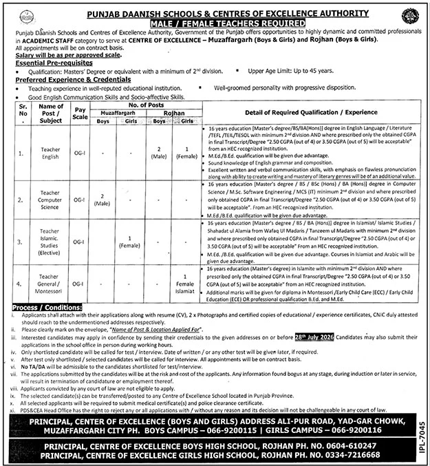 Punjab Daanish Schools Jobs 2026 – Teaching Vacancies in Muzaffargarh and Rojhan