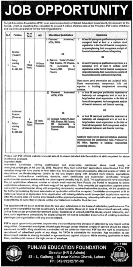 Punjab Education Foundation Jobs 2026 – Director (Finance) and Additional Director (Finance)