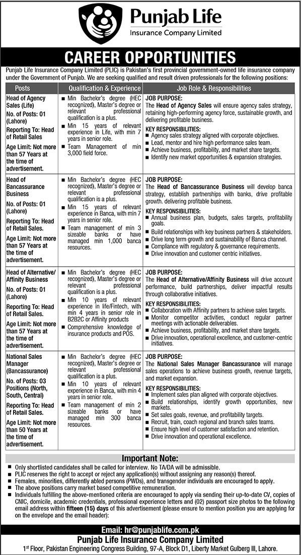 Punjab Life Insurance Company Jobs 2026 – Sales Leadership Vacancies