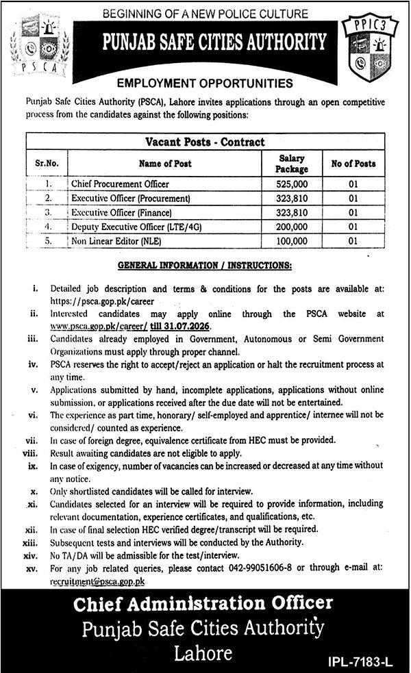 Punjab Safe Cities Authority Jobs 2026 – Contract Vacancies
