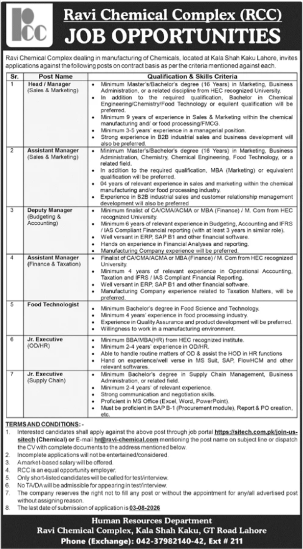 Ravi Chemical Complex Jobs 2026 – Apply by 03-08-2026