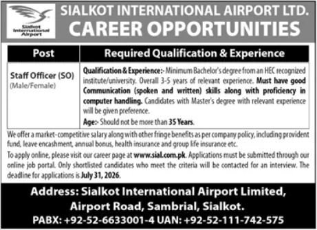 Sialkot International Airport Jobs 2026 – Staff Officer (SO)