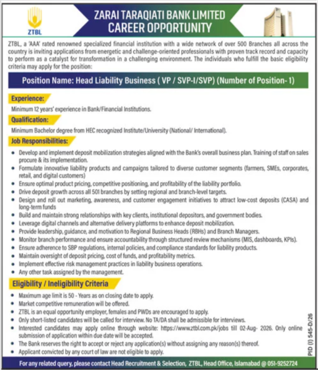ZTBL Jobs 2026 – Head Liability Business Vacancy